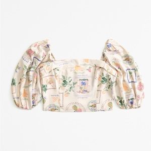 Abercrombie Linen-Blend Puff Sleeve Set Top Cream Pattern